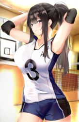  absurdres armpits arms_up bare_shoulders basketball_hoop black_hair blue_eyes blue_shorts breasts ceiling cleavage clothes_writing collarbone commentary_request cowboy_shot elbow_pads eyebrows_hidden_by_hair female gym hair_between_eyes hair_intakes highres indoors lamp large_breasts looking_at_viewer masaki_nanaya micro_shorts original parted_lips ponytail shirt shorts sleeveless sleeveless_shirt solo sportswear standing sweat tying_hair volleyball_net volleyball_uniform wall white_shirt window 