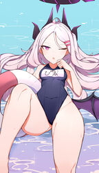  absurdres ass bare_legs blue_archive choumi_wuti_(xueye_fanmang_zhong) collarbone demon_girl demon_horns demon_wings female forehead from_below groin hair_ornament hairclip highres hina_(blue_archive) hina_(swimsuit)_(blue_archive) horns knee_up lifebuoy lying name_tag official_alternate_costume old_school_swimsuit on_back one_eye_closed parted_lips purple_eyes school_swimsuit solo swim_ring swimsuit white_hair wings 