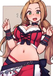  black_choker black_wrist_cuffs blush breasts brown_hair choker cleavage crop_top embarrassed female flying_sweatdrops forehead from_below green_eyes idolmaster idolmaster_million_live! idolmaster_million_live!_theater_days korean_commentary kwaejina long_hair looking_down low_twintails medium_breasts midriff navel nikaidou_chizuru open_mouth skirt solo sweatdrop twintails very_long_hair wrist_cuffs 