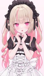  absurdres blush cleavage_cutout clothing_cutout dress female frills heart highres long_hair looking_at_viewer maid_headdress makaino_ririmu makaino_ririmu_(5th_costume) multicolored_hair nijisanji open_mouth pink_background pink_eyes pink_hair pointy_ears puffy_short_sleeves puffy_sleeves shano_hiyori short_sleeves simple_background solo streaked_hair two-tone_hair virtual_youtuber 