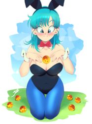  absurdres aetherion animal_ears aqua_eyes aqua_hair between_breasts blue_pantyhose blush breasts bulma_briefs cleavage commentary_request dragon_ball dragon_ball_(classic) dragon_ball_(object) female hands_on_own_chest highres kneeling large_breasts pantyhose playboy_bunny rabbit_ears solo 