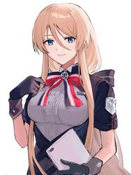  absurdres azur_lane bismarck_(azur_lane) bismarck_(iron_black_elysium)_(azur_lane) black_gloves blonde_hair blue_eyes breasts female gloves grey_shirt hair_between_eyes hand_up highres holding holding_tablet_pc imperial_german_flag l7mqpt long_bangs long_hair looking_at_viewer official_alternate_costume shirt short_sleeves simple_background smile solo tablet_pc upper_body white_background 