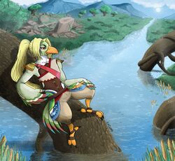  absurd_res alternate_version_at_source anthro avian beak bird blonde_hair bottomwear breath_of_the_wild clothing conditional_dnp crop_top detailed detailed_background digital_media_(artwork) fan_character feathers feet femboy grass green_body hair hi_res kazoko_(artist) lake leotard male mountain nintendo outside pants pattern_clothing plant ponytail red_eyes rito roots ruins sash shirt sitting smile solo sun talons the_legend_of_zelda toes topwear tree water wings yellow_beak 