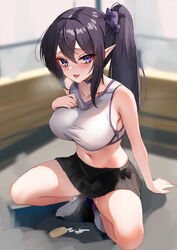  absurdres alternate_costume bare_legs bare_shoulders black_hair black_skirt breasts breath cheerleader choker crop_top english_commentary female food grey_footwear grey_shirt hand_on_own_chest highres ice_cream large_breasts long_hair looking_at_viewer midriff miniskirt navel open_mouth ophelia_midnight pleated_skirt pointy_ears purple_choker purple_eyes purple_scrunchie rifufu scrunchie shirt shoes side_ponytail skirt sleeveless sleeveless_shirt smile sneakers solo spread_legs squatting stomach suggestive_fluid sweat thighs tsurime virtual_youtuber vreverie 