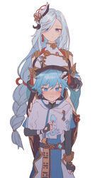  1boy age_difference aunt_and_nephew bandages black_bodysuit blue_eyes blue_hair blush bodysuit braid breast_curtain breast_rest breasts breasts_on_head chongyun_(genshin_impact) closed_mouth commentary_request female food genshin_impact grey_hair hair_between_eyes hair_ornament hair_over_one_eye highres holding large_breasts light_blue_hair long_hair onee-shota popsicle shenhe_(genshin_impact) simple_background single_braid straight sweat tassel very_long_hair vision_(genshin_impact) white_background yamabuki_(yamabuki_xxxxx) 