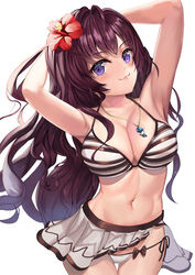  absurdres armpits arms_behind_head arms_up bad_id bad_pixiv_id bikini blush breasts cleavage closed_mouth collarbone cowboy_shot female flower grey_skirt hibiscus highres ichinose_shiki idolmaster idolmaster_cinderella_girls jewelry large_breasts long_hair miniskirt navel necklace pendant purple_eyes purple_hair red_flower simple_background skirt smug solaris_(sinhyg) solo stomach striped_bikini striped_clothes swimsuit thigh_gap very_long_hair white_background 