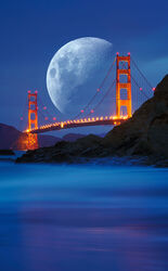  bridge commentary_request golden_gate_bridge half_moon hoshiumisora light moon night night_sky no_humans original outdoors san_francisco scenery shore sky suspension_bridge united_states water 