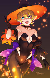  amenoimo artist_name bad_id bad_pixiv_id black_gloves blonde_hair blue_eyes breasts choker dated earrings female gloves halloween hat highres hildegard_valentine jewelry looking_at_viewer open_mouth pantyhose pointy_ears shadow_hearts shadow_hearts_from_the_new_world short_hair smile solo 