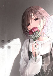  absurdres blouse brown_eyes clothing_request covering_own_mouth female flower fuu_(fuore) hair_ornament highres higuchi_madoka idolmaster idolmaster_shiny_colors light_brown_hair long_sleeves looking_at_viewer shirt solo standing sunlight wall 