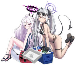  2girls absurdres ahoge arm_support bare_arms bare_shoulders bikini black-framed_eyewear black_bikini black_bow black_footwear black_gloves blue_archive blue_one-piece_swimsuit blush bow breasts can cleavage closed_mouth commentary cooler demon_tail eyewear_on_head gloves grey_hair hair_ornament hair_over_one_eye hairbow hairclip halo highres hina_(blue_archive) hina_(swimsuit)_(blue_archive) ice ice_cube innertube iori_(blue_archive) iori_(swimsuit)_(blue_archive) kneeling long_hair multi-strapped_bikini_bottom multiple_girls navel one-piece_swimsuit otakummm parted_bangs pink_hair pointy_ears red_eyes sandals school_swimsuit shoe_soles side-tie_bikini_bottom simple_background small_breasts sunglasses sweat swim_ring swimsuit tail twintails very_long_hair white_background white_hair 