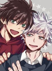  2boys aged_down black_hair coro_(leocorok) darren_shan green_eyes highres male_focus multiple_boys school_uniform short_hair smile steve_leonard the_saga_of_darren_shan white_hair 