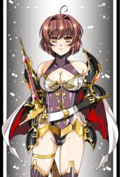  ahoge armor ass_visible_through_thighs betty_(langrisser) black_border blush border breasts brown_hair cape cleavage closed_mouth cowboy_shot female gloves grey_leotard hair_intakes hand_on_own_hip highleg highleg_leotard hikaru_(mikan0407) langrisser large_breasts leotard looking_at_viewer mind_control pillarboxed short_hair shoulder_armor smile solo standing sword urushihara_satoshi_(style) weapon white_border white_cape white_gloves yellow_eyes 