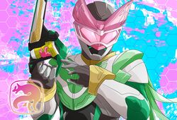  1boy animal_ears armor goggles green_armor highres jackal jackal_ears jackal_genome kamen_rider kamen_rider_live kamen_rider_revice livegun male_focus miyabi_(037) pink_eyes splatter splatter_print tokusatsu upper_body weapon white_armor 