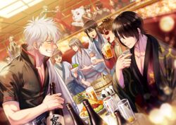  2girls 6+boys :d =_= animal beer_mug black_hair black_jacket black_shirt blood blue_hakama blue_kimono blush bottle bowl brown_eyes bun_cover canine chinese_clothes choko_(cup) closed_eyes closed_mouth collarbone commentary_request cup double_bun food gintama grey_kimono grin hadanugi_dousa hair_bun hair_over_one_eye hakama hakama_skirt has_bad_revision has_downscaled_revision highres hijikata_toushirou holding holding_bottle holding_bowl holding_cup indoors jacket japanese_clothes kagura_(gintama) katsura_kotarou kimono kondou_isao long_hair long_sleeves md5_mismatch mug multiple_boys multiple_girls nose_blush nosebleed ohitsu okita_sougo onigiri open_clothes open_jacket open_kimono open_mouth pants purple_kimono red_jacket red_pants red_shirt resolution_mismatch sadaharu sakamoto_tatsuma sakata_gintoki sake_bottle shamoji shimura_shinpachi shimura_tae shinsengumi shirt short_sleeves silhouette sitting skirt slapping smile source_smaller standing sweat takasugi_shinsuke tengo_(metron) white_hair wide_sleeves yoshida_shouyou 