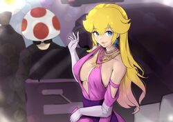  1boy alternate_breast_size alternate_costume artist_name blonde_hair blue_eyes breasts car cleavage dress earrings elbow_gloves female gloves hair_between_eyes highres jewelry large_breasts long_hair looking_at_viewer mario_(series) motor_vehicle necklace patreon_username princess_peach red_toad_(mario) sidelocks smile sunglasses super_star_(mario) the_super_mario_bros._movie toad_(mario) vialnite white_gloves 