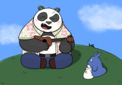  2019 anthro bear black_body black_fur black_nose blue_body blush bottomwear chibi_totoro chu_totoro closed_eyes clothed clothing cute_fangs dreamworks fur ghibli giant_panda group kassis_orange kemono kung_fu_panda male mammal master_po_ping my_neighbor_totoro open_clothing open_shirt open_topwear outside overweight overweight_male pants shirt topwear white_body white_fur 