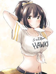  arms_behind_head baran._(ba_ra_ran) belt black_belt black_hair blush bow breasts closed_mouth collarbone crop_top dot_nose female fukuoka_softbank_hawks hair_ribbon high_ponytail highres idolmaster idolmaster_cinderella_girls idolmaster_cinderella_girls_starlight_stage large_breasts looking_at_viewer midriff navel nippon_professional_baseball ribbon shirt short_hair short_sleeves simple_background skirt smile solo takafuji_kako tied_shirt white_background white_ribbon white_shirt wristband yellow_eyes yellow_skirt 