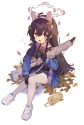  animal_ears black_gloves black_hair blue_archive blue_serafuku blue_skirt blush bolt_action fake_animal_ears falling_leaves female flying_sweatdrops full_body gloves green_neckerchief gun halo holding holding_weapon leaf leaf_on_head long_hair looking_at_viewer miyu_(blue_archive) neckerchief open_mouth orange_eyes pantyhose rabbit_ears rifle rimukoro sailor_collar school_uniform serafuku shoes simple_background skirt sneakers solo tearing_up two-tone_skirt weapon white_background white_footwear white_pantyhose white_sailor_collar white_skirt 