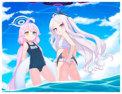  2girls absurdres ahoge ass bikini blue_archive blue_eyes blush border closed_mouth cloud cosplay costume_switch feet_out_of_frame flat_chest frilled_bikini frills hair_bobbles hair_ornament hair_ribbon halo heterochromia highres hina_(blue_archive) hina_(blue_archive)_(cosplay) hina_(swimsuit)_(blue_archive) holding holding_swim_ring horns hoshino_(blue_archive) hoshino_(blue_archive)_(cosplay) hoshino_(swimsuit)_(blue_archive) innertube long_hair looking_at_viewer low_wings multiple_girls official_alternate_costume one-piece_swimsuit orange_eyes outdoors pink_hair purple_eyes purple_hair ribbon ribbonsnek school_swimsuit sky summer swim_ring swimsuit twintails very_long_hair wading water white_bikini white_border wings 