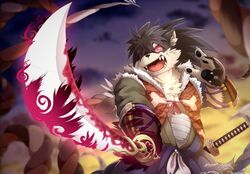  1boy animal_ears animal_nose armor blurry blurry_background body_fur colored_sclera commentary dog_boy dog_ears fangs fangs_out fighting_stance furry furry_male japanese_armor japanese_clothes kote male_focus midriff_sarashi multiple_swords open_mouth plant plump ponzu_tas red_sclera sarashi scar scar_on_face shino_(housamo) snout solo sunset sword symbol-only_commentary tokyo_afterschool_summoners upper_body vines weapon 