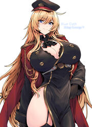  ascot black_ascot black_dress black_gloves black_hat black_thighhighs blonde_hair blue_eyes blue_oath bra breasts character_name cleavage copyright_name dress epaulettes female garter_straps gloves hair_between_eyes hat highres huge_breasts jacket jacket_on_shoulders king_george_v_(blue_oath) long_hair long_sleeves peaked_cap pelvic_curtain simple_background smile solo thighhighs underwear very_long_hair white_background whoosaku 