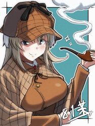  absurdres blonde_hair blue_eyes blush breasts closed_mouth cosplay female hat highres holding holding_smoking_pipe large_breasts long_hair looking_at_viewer sherlock_holmes sherlock_holmes_(cosplay) smile smoking_pipe solo tama_kitsune upper_body wilma_bishop world_witches_series 