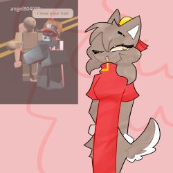  absurd_res ambercatto anthro baozi_(diives) brown_body brown_fur canid canine clothing domestic_cat felid feline felis female fur hair hair_bun hi_res humanoid mammal meme_background pest_(regretevator) red_clothing regretevator ribbons roblox simple_background solo tishatissues wallter_(regretevator) white_paws xingzuo_temple yellow_eyes 
