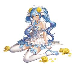  ahoge artist_request back_ribbon blue_choker blue_hair blue_ribbon blue_shoes bride brooch choker colored_petticoat commentary_request criss-cross_strings dress dress_ribbon english_commentary female flower frilled_choker frilled_dress frilled_gloves frilled_thighhighs frills full_body gem gloves hair_flower hair_ornament hair_ribbon hand_up highres holding holding_own_hair jewelry king's_raid korean_commentary large_ribbon layered_dress long_hair microdress mixed-language_commentary official_alternate_costume official_art petals pout ribbon ribbon-trimmed_thighhighs ribbon_choker ribbon_trim second-party_source shoes simple_background sitting solo sonia_(king's_raid) thighhighs tress_ribbon twintails very_long_hair waist_ribbon wariza wedding_dress white_background white_choker white_gloves white_ribbon white_thighhighs yellow_eyes yellow_flower yellow_gemstone 