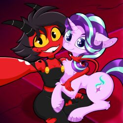  absurd_res black_hair chest_tuft clothing cutie_mark duo equid equine eyelashes female feral friendship_is_magic hair hasbro hellaverse helluva_boss hi_res hooves horn hug imp inner_ear_fluff mammal millie_(helluva_boss) multicolored_hair my_little_pony mythological_creature mythological_equine mythology pink_body red_body red_tail rurihal selfie smile starlight_glimmer_(mlp) tail tuft two_tone_hair unicorn yellow_eyes 