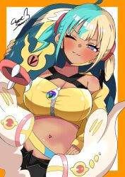  absurdres aqua_hair bandeau black_mask blonde_hair blue_eyes blue_skin blush breasts canari_(pokemon) carrot_summer cleavage closed_eyes closed_mouth collarbone colored_sclera colored_skin criss-cross_straps dark-skinned_female dark_skin eel eelektross fangs female fish highres jacket lamprey large_breasts long_sleeves looking_at_viewer mask mask_pull mega_eelektross mega_pokemon mega_stone mouth_mask multicolored_hair multicolored_skin navel one_eye_closed open_mouth pants pokemon pokemon_(creature) pokemon_legends:_z-a red_sclera short_twintails smile split-color_hair sports_bra twintails two-tone_hair two-tone_mask two-tone_skin white_skin yellow_bandeau yellow_jacket yellow_mask yellow_sports_bra 