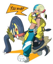  absurdres aqua_hair asdf_4532 bandeau bare_shoulders belt black_belt black_mask black_pants blonde_hair blue_eyes blue_pants boots breasts canari_(pokemon) collarbone colored_sclera criss-cross_straps dark-skinned_female dark_skin eel eelektross fangs female fish hashtag-only_commentary highres jacket lamprey long_sleeves looking_at_viewer mask mask_pull medium_breasts mega_stone mouth_mask multicolored_hair open_mouth pants pokemon pokemon_(creature) pokemon_legends:_z-a red_sclera rotom rotom_phone short_twintails speech_bubble split-color_hair sports_bra twintails two-tone_hair two-tone_mask two-tone_pants white_boots yellow_bandeau yellow_jacket yellow_mask yellow_sports_bra 