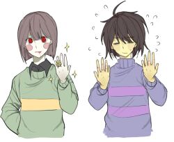  2others ahoge animification arm_behind_back bite_mark black_hair black_shirt blood blood_from_mouth blue_sweater blunt_bangs brown_hair chara_(undertale) closed_eyes closed_mouth collared_shirt colored_skin commentary_request empty_eyes fingernails flower flower_ring flying_sweatdrops frisk_(undertale) green_sweater hair_between_eyes hand_up hands_up jewelry korean_commentary long_sleeves looking_at_viewer multiple_others other_with_other pale_skin puffy_long_sleeves puffy_sleeves red_eyes ring shirt short_hair simple_background single_stripe smile sparkle striped_clothes striped_sweater sweatdrop sweater turtleneck turtleneck_sweater undertale upper_body utdr_(toby_fox) white_background yellow_flower yellow_skin yx_won2 