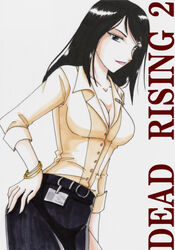  breasts capcom cleavage dead_rising dead_rising_2 female hand_on_hip hips long_hair mole pixiv_thumbnail rebecca_chang resized simple_background solo white_background 