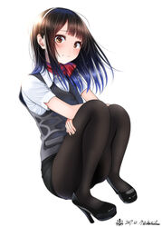  artist_logo black_footwear black_hair black_pantyhose black_skirt black_vest blush brown_eyes buttons commentary_request dated dutch_angle female from_below full_body hairband high_heels kentaurosu long_hair looking_at_viewer looking_down looking_to_the_side matsuno_chiya miniskirt original pantyhose pencil_skirt pocket red_scarf scarf short_sleeves simple_background skirt solo squatting twitter_username vest white_background white_hairband 