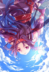  black_hair blue_sky cloud cloudy_sky commentary_request day fairy fairy_wings female fingerless_gloves flying gloves hairband highres long_hair multiple_wings nishigyou_teraa outdoors photoshop_(medium) pointy_ears red_eyes red_hairband sky sword_art_online transparent_wings very_long_hair wings yuuki_(sao) 