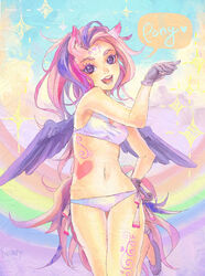  animal_ears bikini cloud colored_eyelashes commentary english_commentary english_text facial_mark female flyleaf forehead_mark gloves hand_on_own_hip heart heart_facial_mark heart_tattoo multicolored_hair navel open_mouth original panties photoshop_(medium) purple_eyes rainbow side-tie_panties signature sky smile solo sparkle swimsuit tail tattoo taut_clothes thigh_gap underwear white_bikini wings 