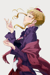  beatrice_(umineko) blonde_hair closed_eyes commentary_request female flower hair_bun hair_flower hair_ornament necktie photoshop_(medium) pink_necktie profile rose shawl single_hair_bun umineko_no_naku_koro_ni vest yachiwo 