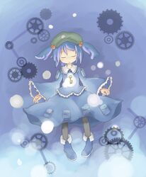  black_pantyhose blue_hair closed_eyes commentary_request facing_viewer female frilled_sleeves frills gears hair_bobbles hair_ornament hat kaminendo kawashiro_nitori key long_sleeves pantyhose parted_lips shirt shoes skirt solo touhou two_side_up 