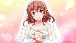  blush bouquet bridal_veil brown_eyes brown_hair dress female flower game_cg jewelry maruto! necklace ore_no_yome:_anata_dake_no_hanayome osananajimi_type solo sparkle veil wedding wedding_dress 