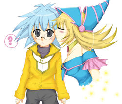  ? blush dark_magician_girl duel_monster glasses kissing ra_yellow_uniform yu-gi-oh! yugioh_gx yuu-gi-ou_duel_monsters yuu-gi-ou_gx 