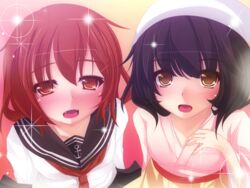  2girls black_hair blush brown_eyes brown_hair check_commentary commentary commentary_request head_scarf ikazuchi_(kancolle) kantai_collection looking_at_viewer multiple_girls neckerchief oerba_yun_fang onsen_tamago_(nurumayu_onsen) ootakasayama_(oshiro_project) open_mouth oshiro_project:re red_neckerchief school_uniform serafuku short_hair skirt smile sparkle suzaki_aya upper_body voice_actor_connection yellow_eyes 