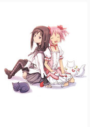  2girls absurdres akemi_homura amy_(madoka_magica) back-to-back black_eyes black_hair closed_eyes cocoroten commentary_request feline highres kaname_madoka kyuubee long_hair mahou_shoujo_madoka_magica mahou_shoujo_madoka_magica_(anime) multiple_girls official_style pantyhose photoshop_(medium) pink_hair short_hair twintails 