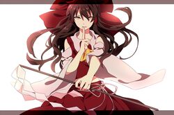  bad_id bad_pixiv_id bow brown_eyes brown_hair detached_sleeves female finger_to_mouth gohei hair_tubes hairbow hakurei_reimu letterboxed long_hair long_sleeves looking_at_viewer midriff shirt simple_background skirt skirt_set solo touhou very_long_hair white_background wide_sleeves wind yarawi 