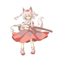  animal_ears commentary_request detached_sleeves female geta grey_hair hat holding inubashiri_momiji kaminendo katana looking_at_viewer navel pom_pom_(clothes) red_eyes short_hair simple_background skirt socks solo sword tail tokin_hat touhou weapon white_background white_socks wolf_ears wolf_tail 