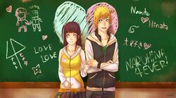  1boy ai_ai_gasa black_hair blonde_hair blue_eyes commentary_request couple female hakuno_shigeru highres hyuuga_hinata long_hair naruto naruto_(series) pinky_swear purple_eyes short_hair straight translated uzumaki_naruto 