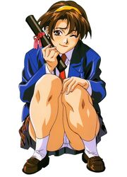  1990s_(style) brown_hair diploma female hairband highres necktie non-web_source official_art one_eye_closed panties pantyshot retro_artstyle short_hair simple_background solo squatting takiguchi_shouko tears underwear white_background yamada_masaki zenkoku_seifuku_bishoujo_grand_prix 