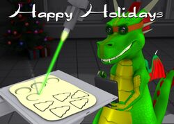  2016 2_fingers 3d_(artwork) christmas christmas_tree cookie_dough digital_media_(artwork) dough dragon european_mythology eyewear fingers gift goggles grin holidays laser mythological_creature mythological_scalie mythology plant rangarig rangarig_rex safety_goggles scalie small_wings smile smirk solo tail teeth tree western_dragon wings 