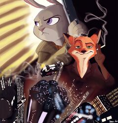  2017 anthro blade_runner canid canine cigarette disney duo female fox fur gun handgun hi_res judy_hopps kenalbus lagomorph leporid male mammal nick_wilde pistol rabbit rachael_(blade_runner) ranged_weapon red_fox replicant rick_deckard smoking true_fox weapon zootopia 