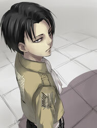  1boy black_eyes black_hair commentary_request curtained_hair emblem jacket levi_(shingeki_no_kyojin) male_focus paradis_military_uniform shingeki_no_kyojin shiromi_(ringo) solo survey_corps_(emblem) 