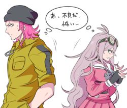  1boy bad_id bad_twitter_id beanie black_gloves blonde_hair braid choker danganronpa_(series) danganronpa_2:_goodbye_despair danganronpa_v3:_killing_harmony female fingerless_gloves gloves goggles goggles_on_head hands_in_pockets hat iruma_miu jumpsuit long_hair neckerchief own_hands_together pink_hair school_uniform serafuku short_hair simple_background single_braid sleeves_rolled_up soda_kazuichi sweatdrop trait_connection translated upper_body white_background yurei-tekina_nanika 